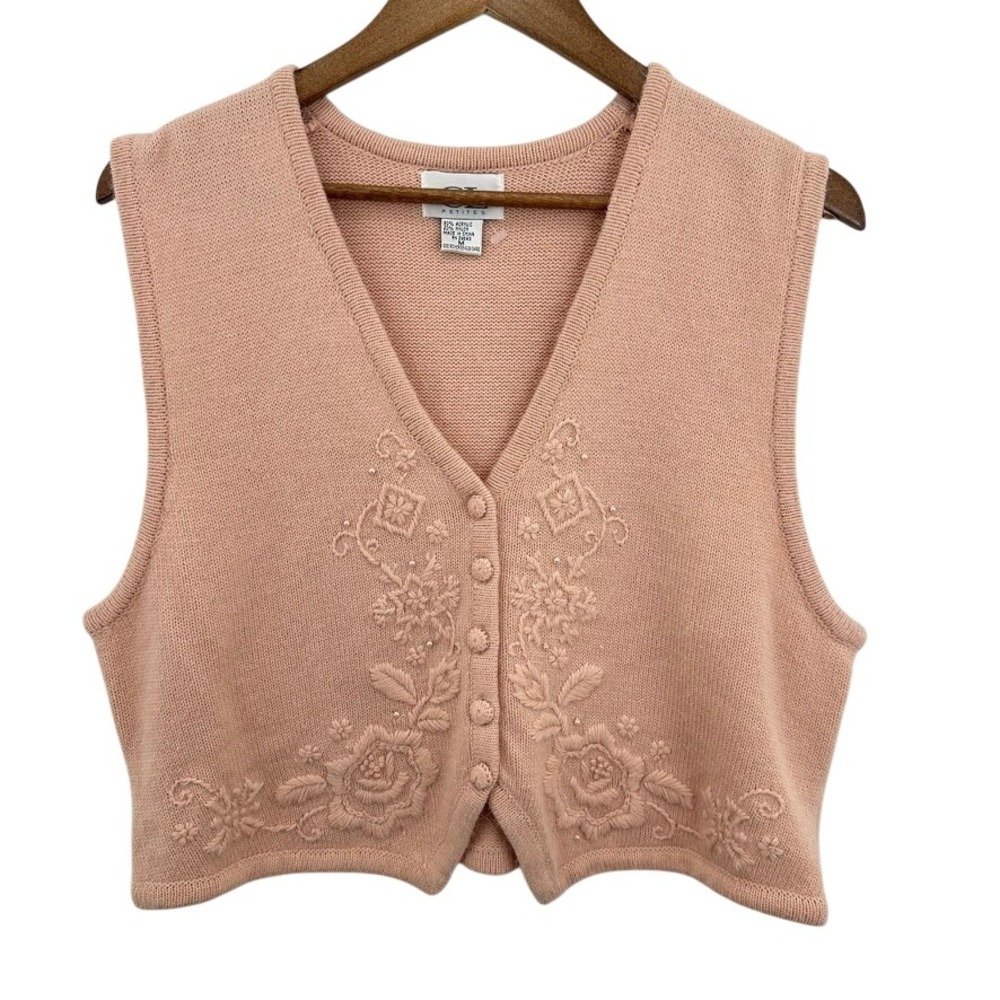 Cricket Lane Petites Vintage Pink Peach Knit Vest Embellished Floral Grannycore